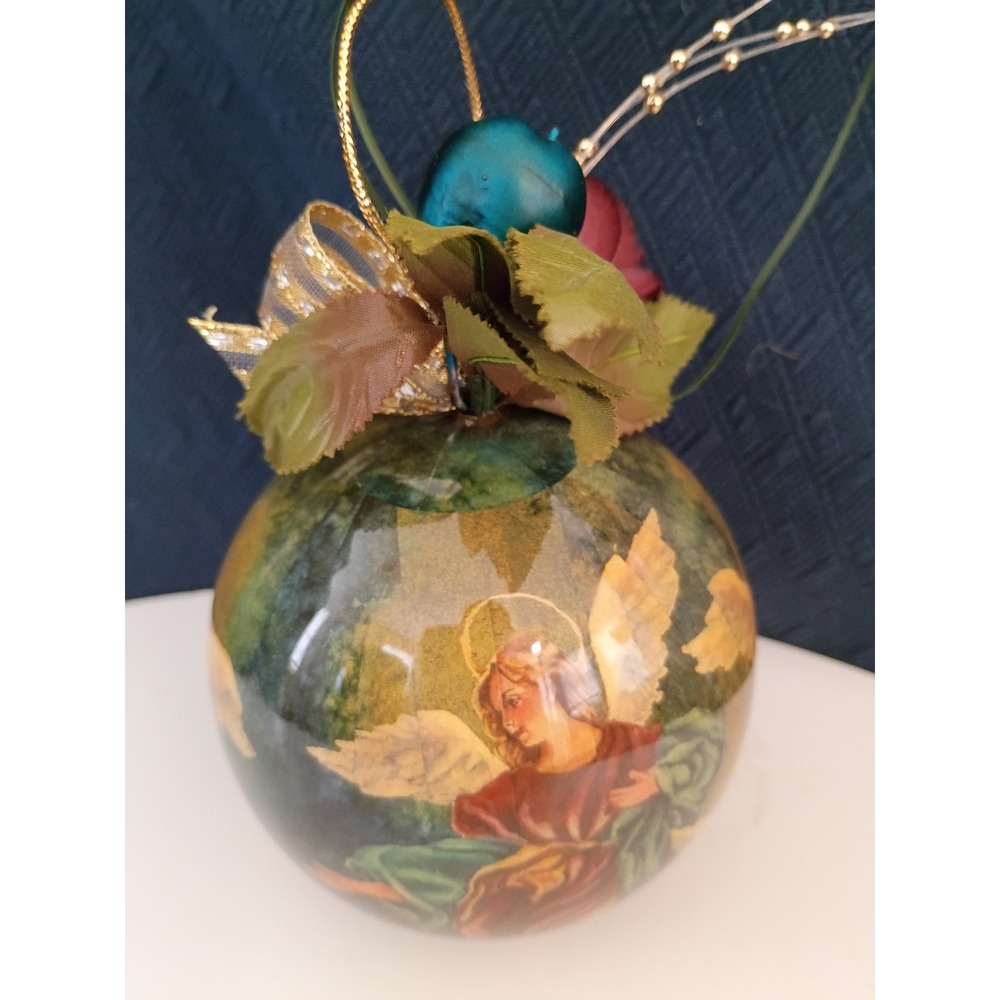 Vintage Angel Decoupage Christmas Ornament Gold Bow Red Rose Holiday Decor - Picture 4 of 4